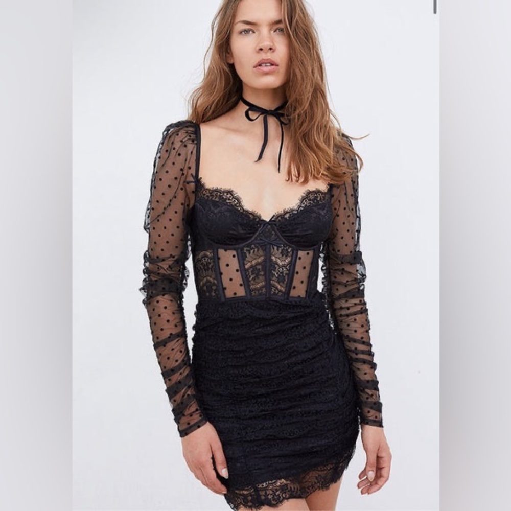 For Love & Lemons Delicate Lace Long-Sleeve Black Tiered Dress Ruched Vintage
